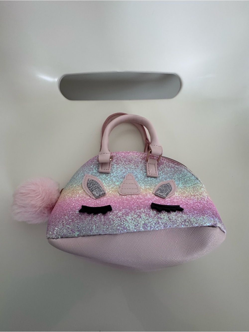 Girls Glitter Rainbow Unicorn Purse Mini Handbag Pom Pom Pastel Sparkle Cute - Picture 5 of 12